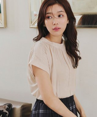 Tiaclasse 【洗える】モックネックフレンチスリーブカットソーブラウス グレージュ