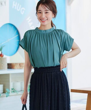 Tiaclasse 【洗える】モックネックフレンチスリーブカットソーブラウス グリーン