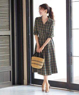 Tiaclasse L 【洗える】小顔効果も期待できるスキッパーシャツワンピース カーキチェック