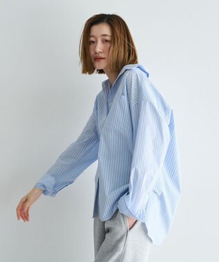 YECCA VECCA イージーケアオーバーシャツ Stripe Blue