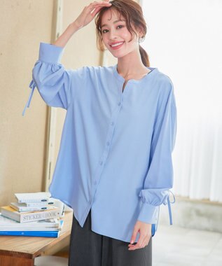 Tiaclasse 【洗える】ドロストギャザー袖シャツチュニック サックス