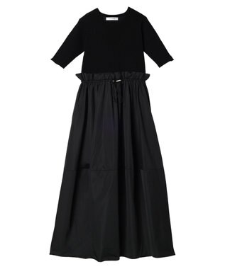 Green Parks ランタン型ニットドッキングタフタワンピース Black