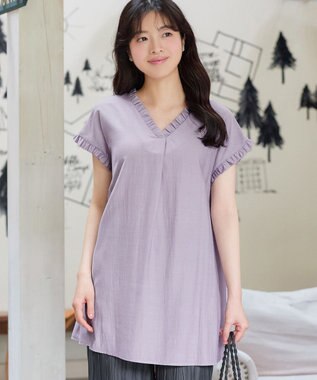 Tiaclasse 麻調フリル衿フレンチチュニック
