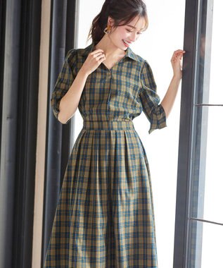 Tiaclasse L 【洗える】小顔効果も期待できるスキッパーシャツワンピース カーキチェック