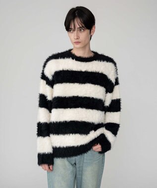 WEGO 【2025秋冬新作/ユニセックス着用ITEM/MLサイズ展開】フェザーニットプルオーバー ホワイトボーダー