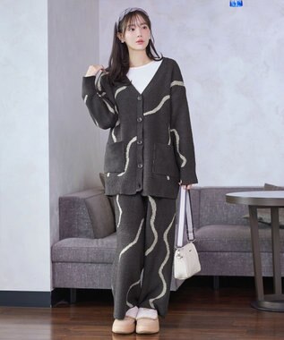 Tiaclasse ふわもちニュアンス配色ニットカーディガン チャコールグレー