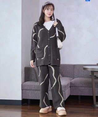 Tiaclasse ふわもちニュアンス配色ニットカーディガン チャコールグレー