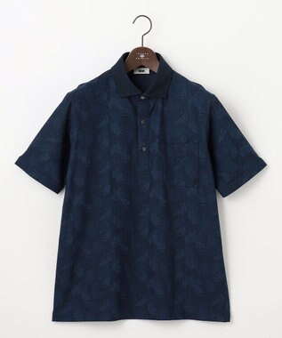 JOSEPH ABBOUD 【吸水速乾】リーフ柄ジャガード 半袖 ポロシャツ ネイビー系