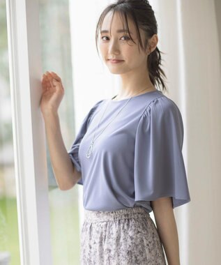 ANY SIS 【接触冷感・吸水速乾・UVケア】エアリードレープスムース フレア袖 ブラウス ブルー