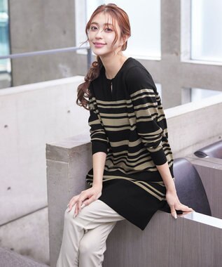 Tiaclasse 【洗える】キーネックボーダーニットチュニック ブラック×ベージュ