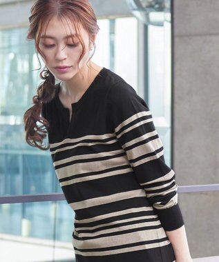 Tiaclasse 【洗える】キーネックボーダーニットチュニック ブラック×ベージュ