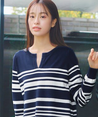Tiaclasse 【洗える】キーネックボーダーニットチュニック ネイビー×オフホワイト