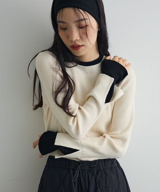 Green Parks ダブルカフスモックネック配色ニット Ivory