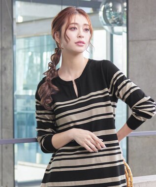 Tiaclasse 【洗える】キーネックボーダーニットチュニック ブラック×ベージュ