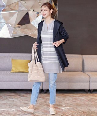 Tiaclasse 【洗える】キーネックボーダーニットチュニック ラベンダー×オフホワイト