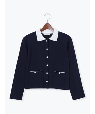 Te chichi 総針衿付きジャケットカーディガン ネイビー
