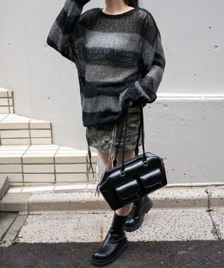 WEGO ボーダーモヘアタッチメッシュニットプルオーバー グレー