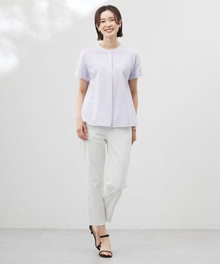 J.PRESS LADIES L 【洗える・抗菌防臭・吸水速乾】サッカージャージー フレンチスリーブ カットソー オフ×ラベンダー系