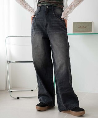 WEGO 【SMサイズ展開】ロゴデニムバギーパンツ デニムブラック