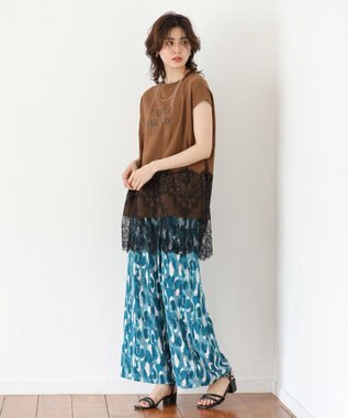 Green Parks フレンチスリーブ裾レースロゴチュニック Brown