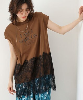 Green Parks フレンチスリーブ裾レースロゴチュニック Brown