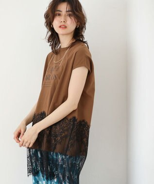 Green Parks フレンチスリーブ裾レースロゴチュニック Brown