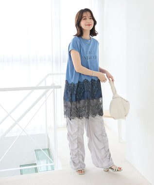 Green Parks フレンチスリーブ裾レースロゴチュニック Blue