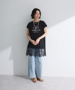 Green Parks フレンチスリーブ裾レースロゴチュニック Black