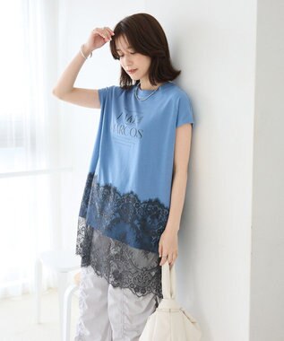 Green Parks フレンチスリーブ裾レースロゴチュニック Blue