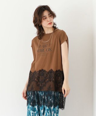 Green Parks フレンチスリーブ裾レースロゴチュニック Brown