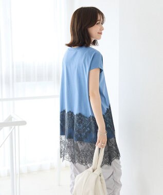 Green Parks フレンチスリーブ裾レースロゴチュニック Blue