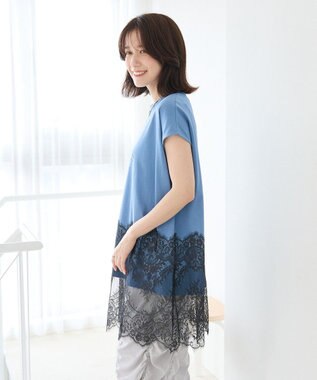 Green Parks フレンチスリーブ裾レースロゴチュニック Blue