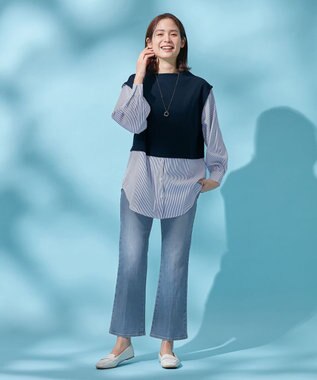 ANY 【洗える】異素材コンビ レイヤードトップス ネイビー×ストライプ