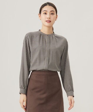 J.PRESS LADIES L 【洗える】ポリエステルヴィスコースブロックチェック バンドカラー ブラウス ベージュ×ネイビー系