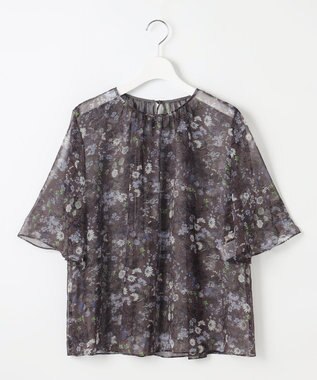 自由区 【セットアップ対応・洗える】ボタニカルフラワープリント ブラウス セピア系
