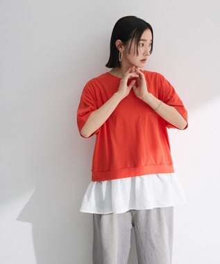 Green Parks 裾フリルドッキング５分袖プルオーバー Red