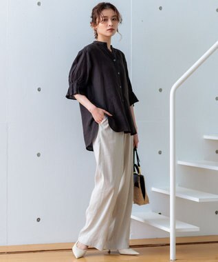 23区 【CLASSY.6月号掲載/洗える】リネンレーヨンストレッチ ワイドパンツ ベージュストライプ