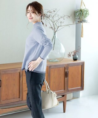 Tiaclasse 【洗える】もっちり素材が肌触り抜群の配色ニットトップス サックス×ブルー