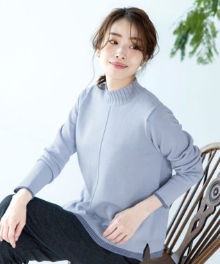 Tiaclasse 【洗える】もっちり素材が肌触り抜群の配色ニットトップス サックス×ブルー