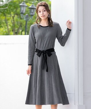 Tiaclasse 【洗える】1枚で着映えするステッチニットワンピース チャコール×ブラック