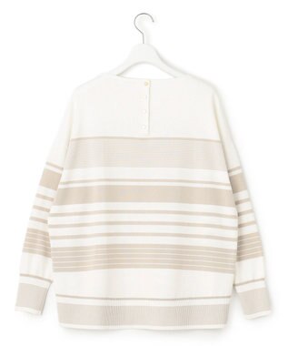 23区 S 【洗える】コットンポリエステルストレッチ オーバーサイズ ニット オフホワイトxベージュボーダー