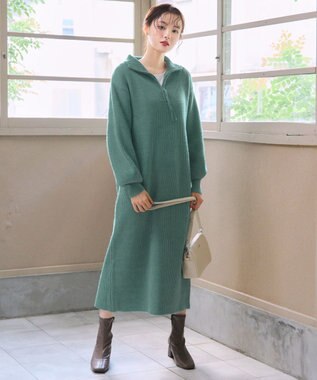 Tiaclasse 【洗える】ハーフジップリブニットワンピース グリーン