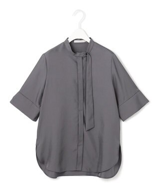 ICB 【接触冷感・速乾・洗える】シルキーツイル デザインブラウス チャコールグレー系