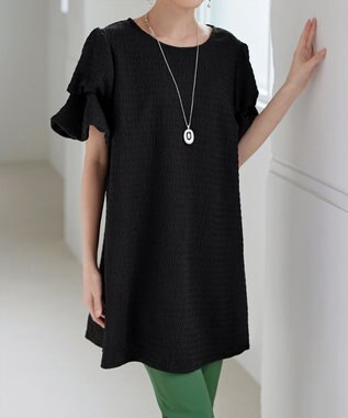 Tiaclasse 【洗える】変形バルーンスリーブカットソーチュニック ブラック