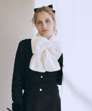 Maison de FLEUR パールリボン付きファーティペット Ivory