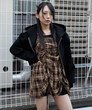 WEGO ドロストデザインキャミワンピース ブラウンチェック1