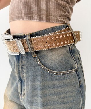 WEGO Lビジューラメシャギーベルト ベージュ