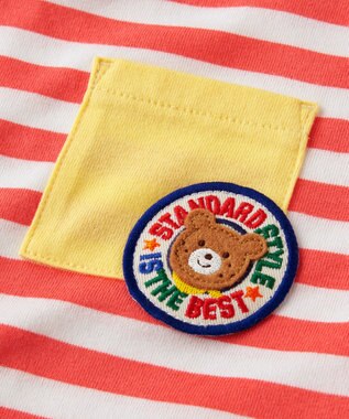 MIKI HOUSE HOT BISCUITS 【80-120cm】 ポケット付き 先染め ボーダー柄 半袖Tシャツ コーラルピンク