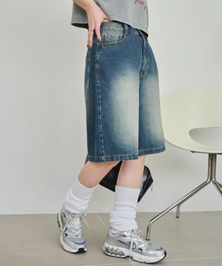 WEGO 【SMサイズ展開】ヴィンテージウォッシュデニムハーフパンツ デニム中濃色