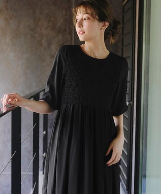 Tiaclasse 【洗える】シャーリングパフスリーブシアーワンピース ブラック